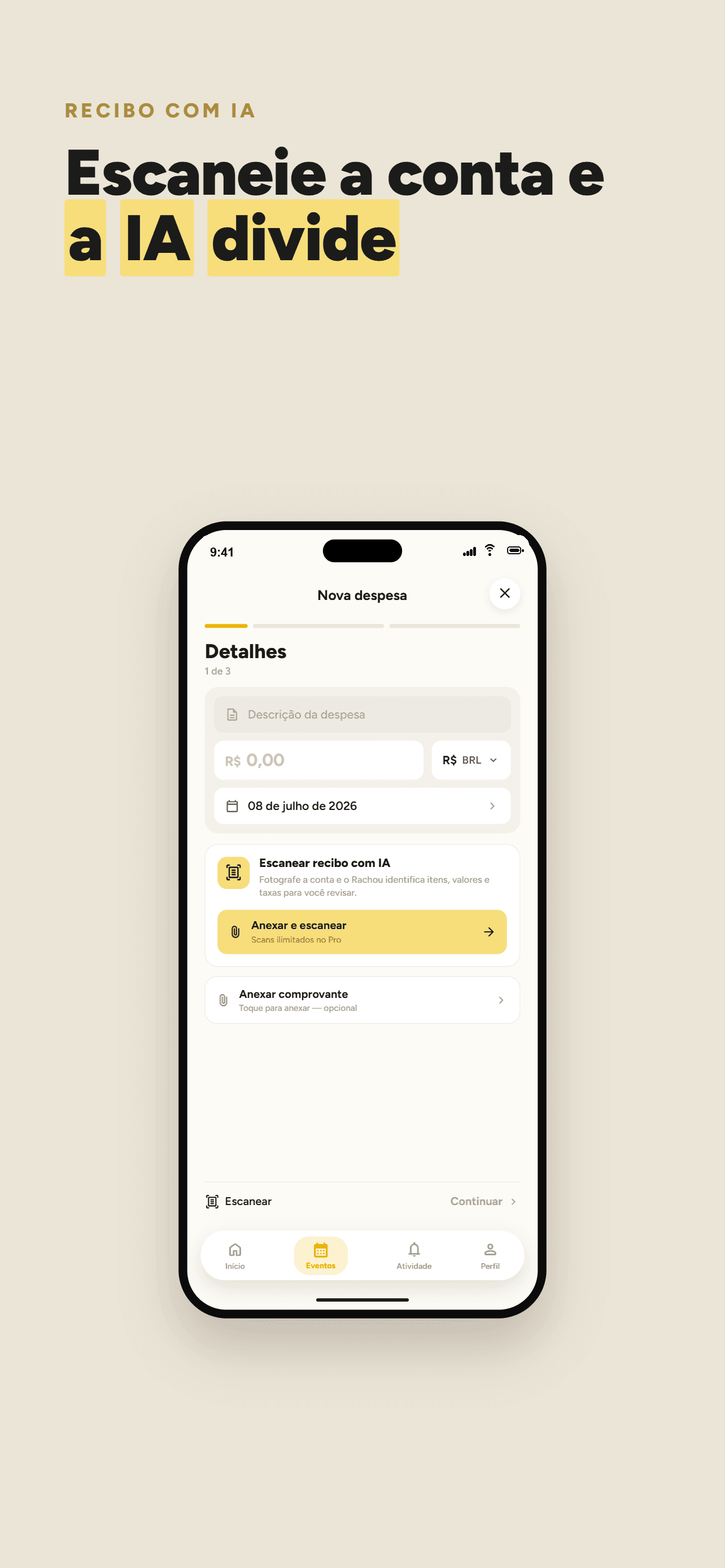 Tela do Rachou mostrando a opção de escanear um recibo com inteligência artificial