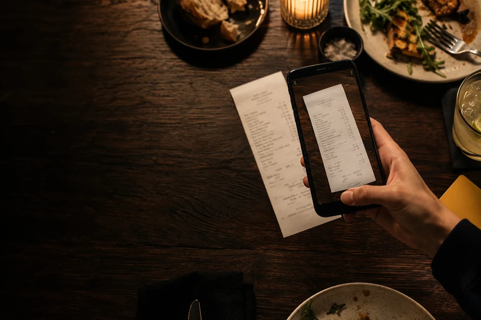 Pessoa fotografando um recibo de restaurante com o celular