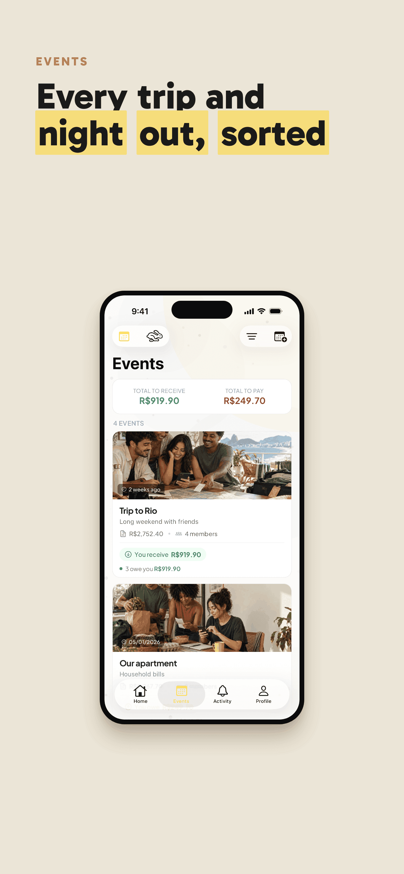 Event list in the Rachou app
