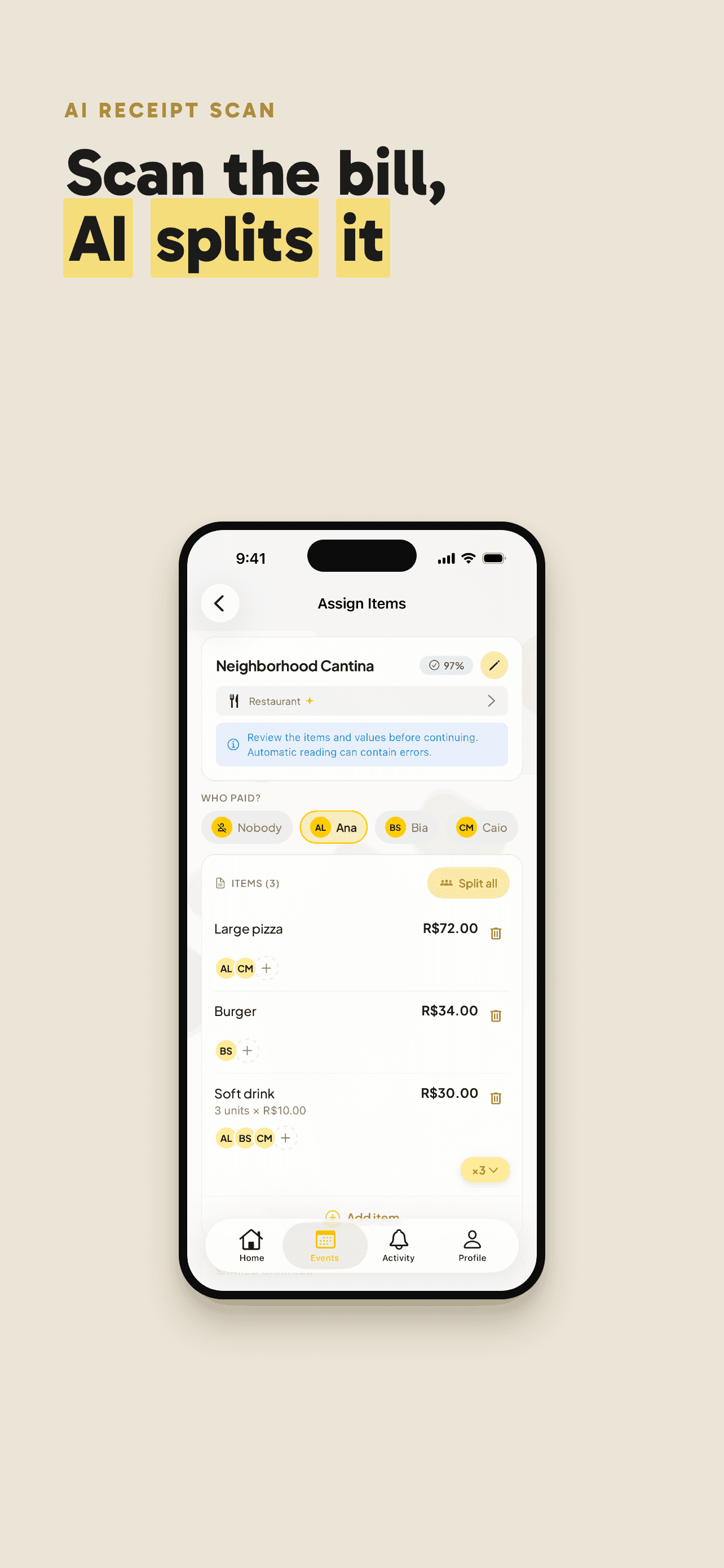Rachou screen showing receipt items read by AI and who had each one