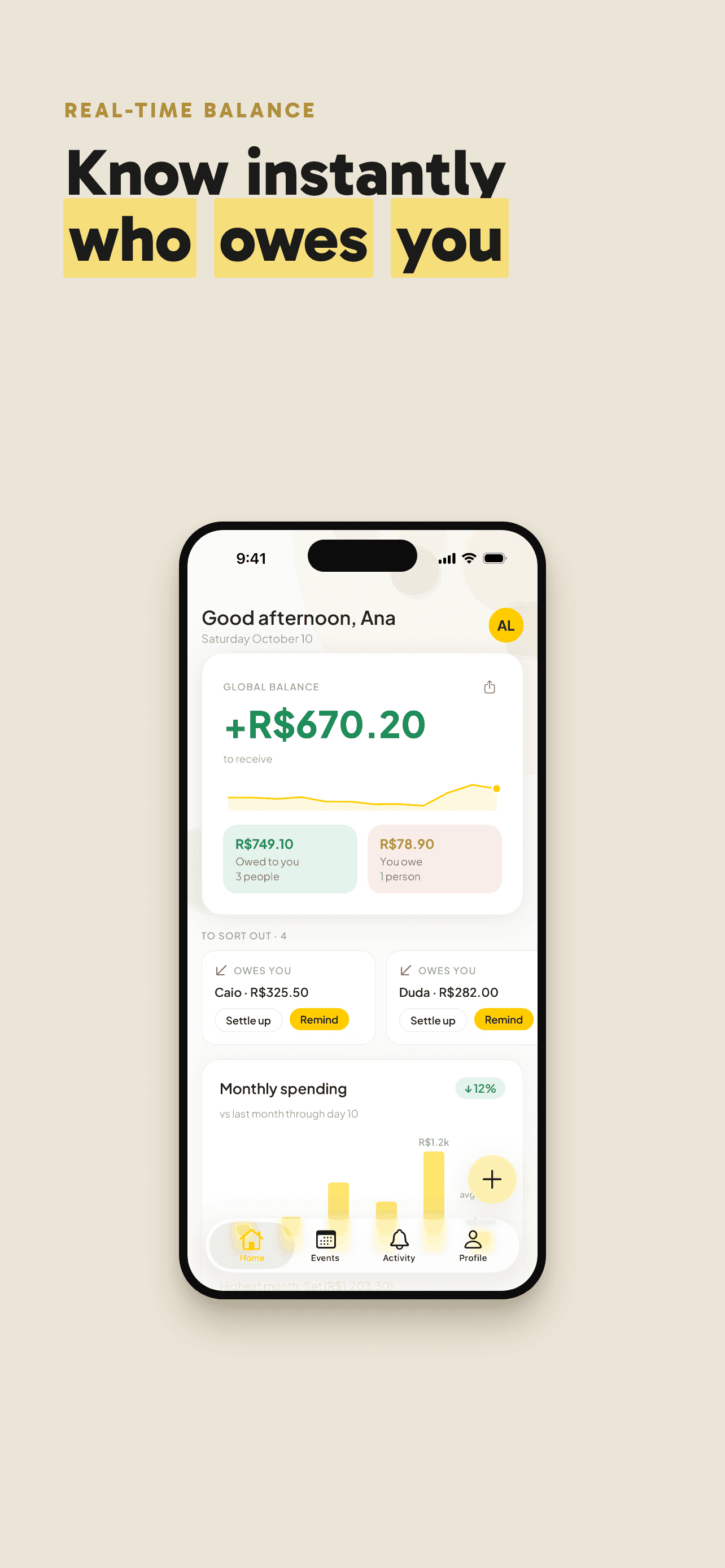 Rachou home screen with balances and monthly spending