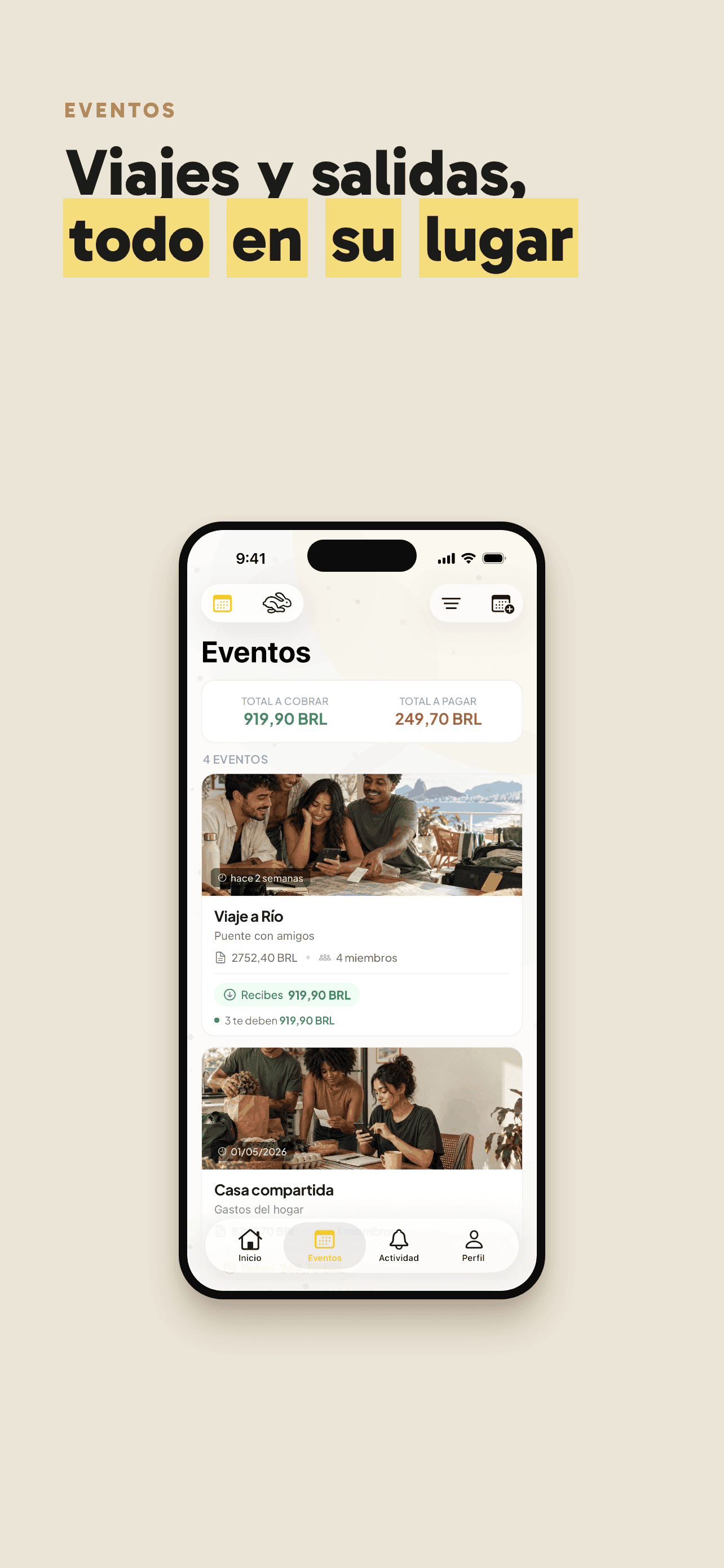Lista de eventos en la aplicación Rachou