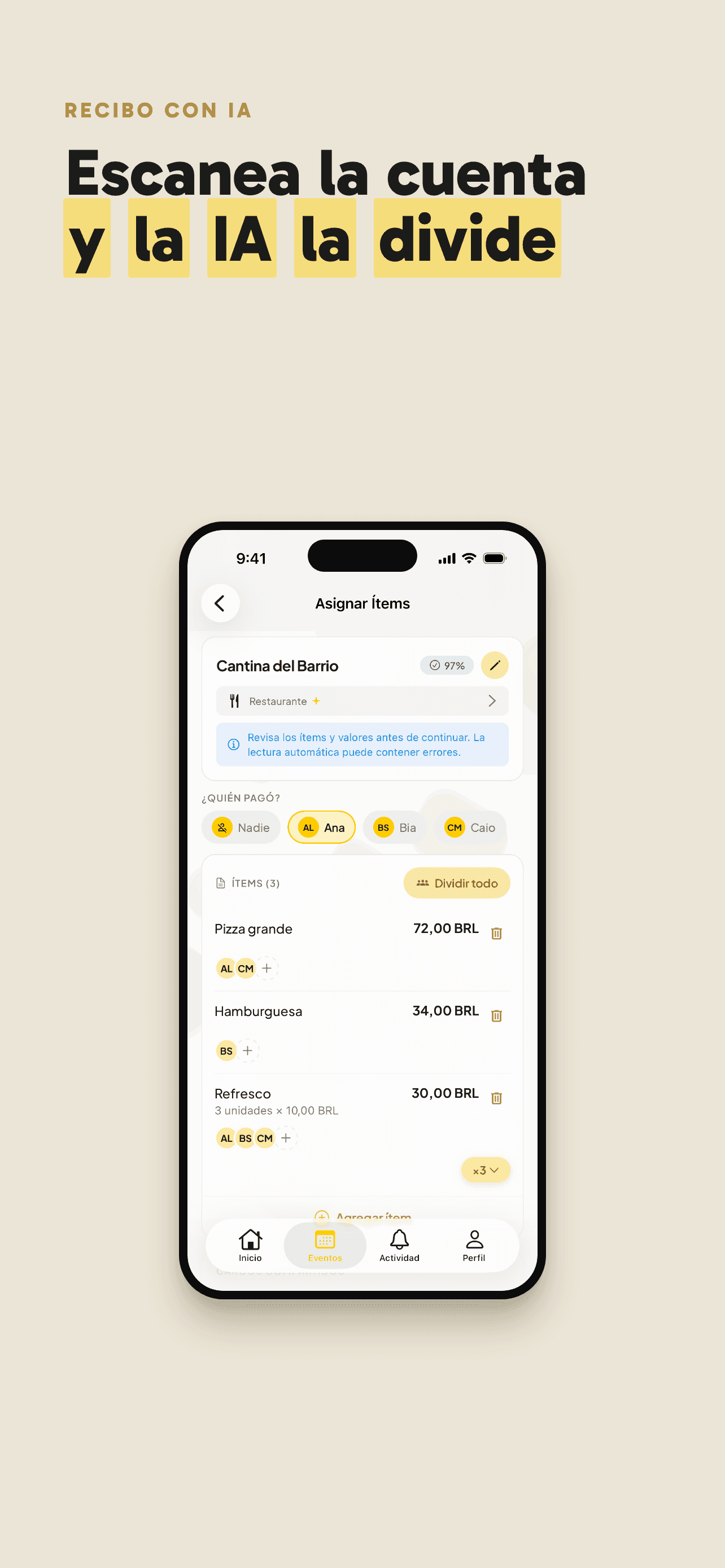 Pantalla de Rachou con los ítems de un recibo leídos por la IA y quién consumió cada uno